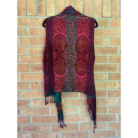 Anu Bohemian Sleeveless Open Front Vest Art-to-Wear Fringe Hem Vibrant Print - Picture 6 of 10